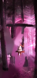 Fantasy pink forest wallpaper with translucent girl.