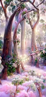 Enchanted forest with glowing lights and pink mist.