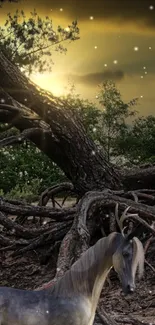 Mystical creature in enchanted forest with glowing sky and ancient trees.