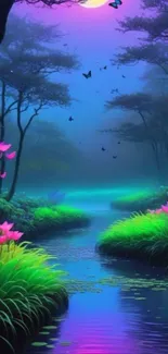 Vibrant enchanted forest with colorful flowers and a serene stream under the moonlight.