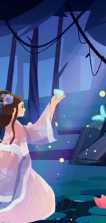 Enchanting maiden in a forest with butterflies and fireflies at night.