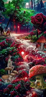 Fantasy forest with roses, mushrooms, and mythical elements in vibrant colors.