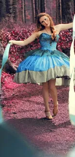 Woman in a blue dress in an enchanted forest path.