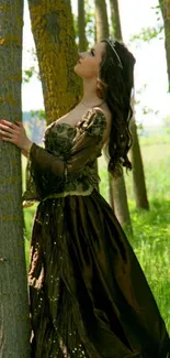 Woman in elegant brown gown amidst green forest.