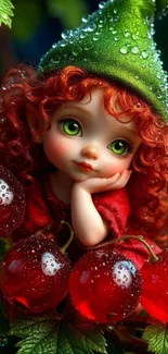 Whimsical forest elf with red hair and green eyes amidst dewdrops.