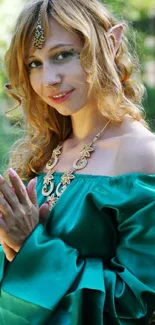 Elf in green dress in forest with accessories and blonde hair.