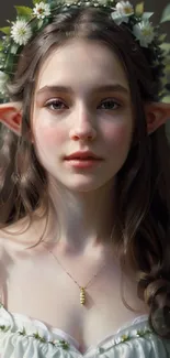 Portrait of a fantasy forest elf with a floral crown and gentle expression.