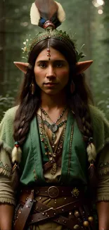 Enchanted forest elf in green attire amidst lush woodland.