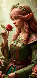 Elf in a green dress holding a rose in an enchanted forest.