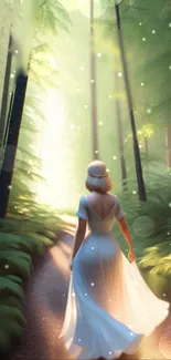 Woman in white dress walking through an enchanted forest path.