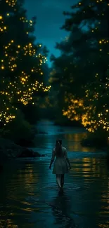 Person silhouettes through illuminated forest at night.