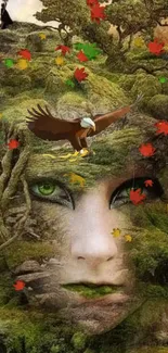 Mystical forest face art wallpaper with an eagle and fall leaves.