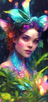 Fantasy fairy art in a vibrant, illuminated forest setting.