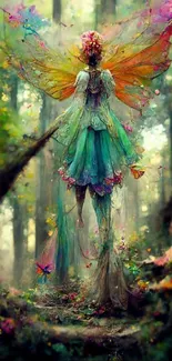 A vibrant fairy in an enchanted forest setting with colorful wings.