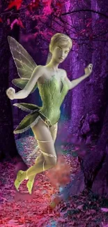 Fairy in a mystical purple forest with vibrant wings.