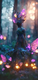 Fairy in an enchanted forest with vibrant lights and glowing butterflies.