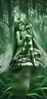 Enchanted fairy sitting in a mystical, green forest setting.