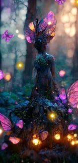 Enchanted forest fairy with glowing butterflies.