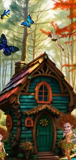 Fairy cabin in enchanted forest with butterflies.