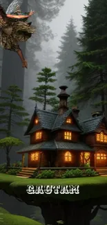 Whimsical fairy flying above a glowing woodland cottage.