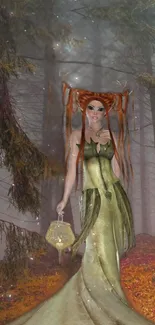 Mystical fairy in green dress within enchanted forest.