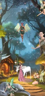 Enchanted forest scene with fairies and mystical creatures.