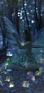 Fairy sits in forest surrounded by glowing jars.