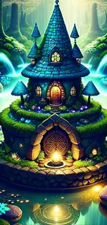 Whimsical fairy house in enchanted forest wallpaper.