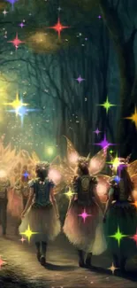 Fairies with glowing wings walk through a lantern-lit path in a mystical forest.