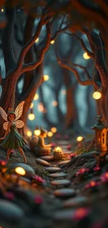 Enchanting forest with fairies and glowing pathway.
