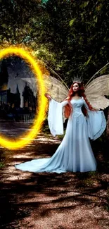 A fairy with wings standing by a glowing portal in a mystical forest.