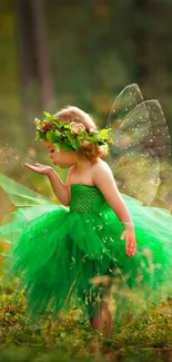 A child dressed as a fairy in a vibrant green dress with sparkling wings in a forest setting.