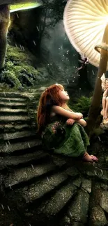 Enchanting forest with fairies and glowing mushrooms.
