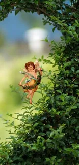 Fairy resting among green leaves in a serene forest.