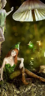 Fairy scene with forest and glowing mushrooms.