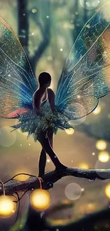 A fairy stands on a branch in an enchanted forest illuminated by glowing lights.