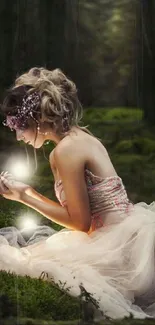 Enchanted woman in glowing dress in forest.