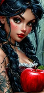 A woman with dark hair holding a red apple in a mystical forest.