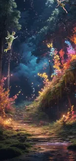 Enchanting forest with fairies and glowing foliage, creating a magical landscape.