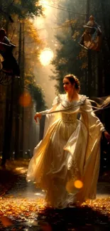 Woman in a flowing white gown walking through an enchanted forest with sunlit background.