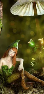 Enchanted forest fairy sitting by glowing mushrooms.