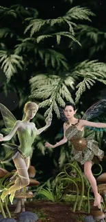 Two fairies in an enchanted forest with lush greenery and mushrooms.