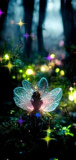 Glowing fairy in a mystical forest scene, illuminating the surroundings.