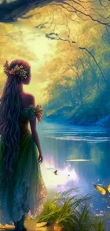 Enchanting fairy in a lush forest by a calm river with butterflies.