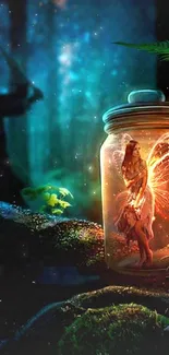 Fairy in a jar in an enchanted forest setting as a mobile wallpaper.