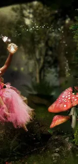 Young girl as fairy in a magical forest with pink dress and mushrooms.