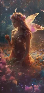 A whimsical fairy in a colorful, enchanted forest with vibrant wings.