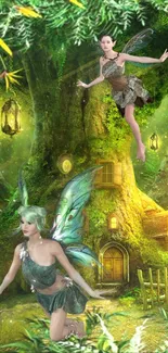 Magical fairy forest wallpaper with glowing lanterns and vibrant green hues.