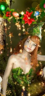 Whimsical fairy sitting in an enchanted forest setting surrounded by lush greenery.