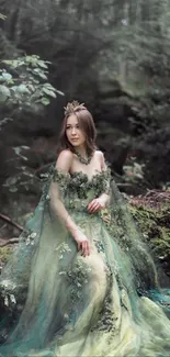 A fairy in a green dress sits in an enchanted forest.